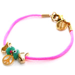 Dana Levy Peace Symbol and Dove Charm Satin Cord Bracelet - Gold on Neon Pink