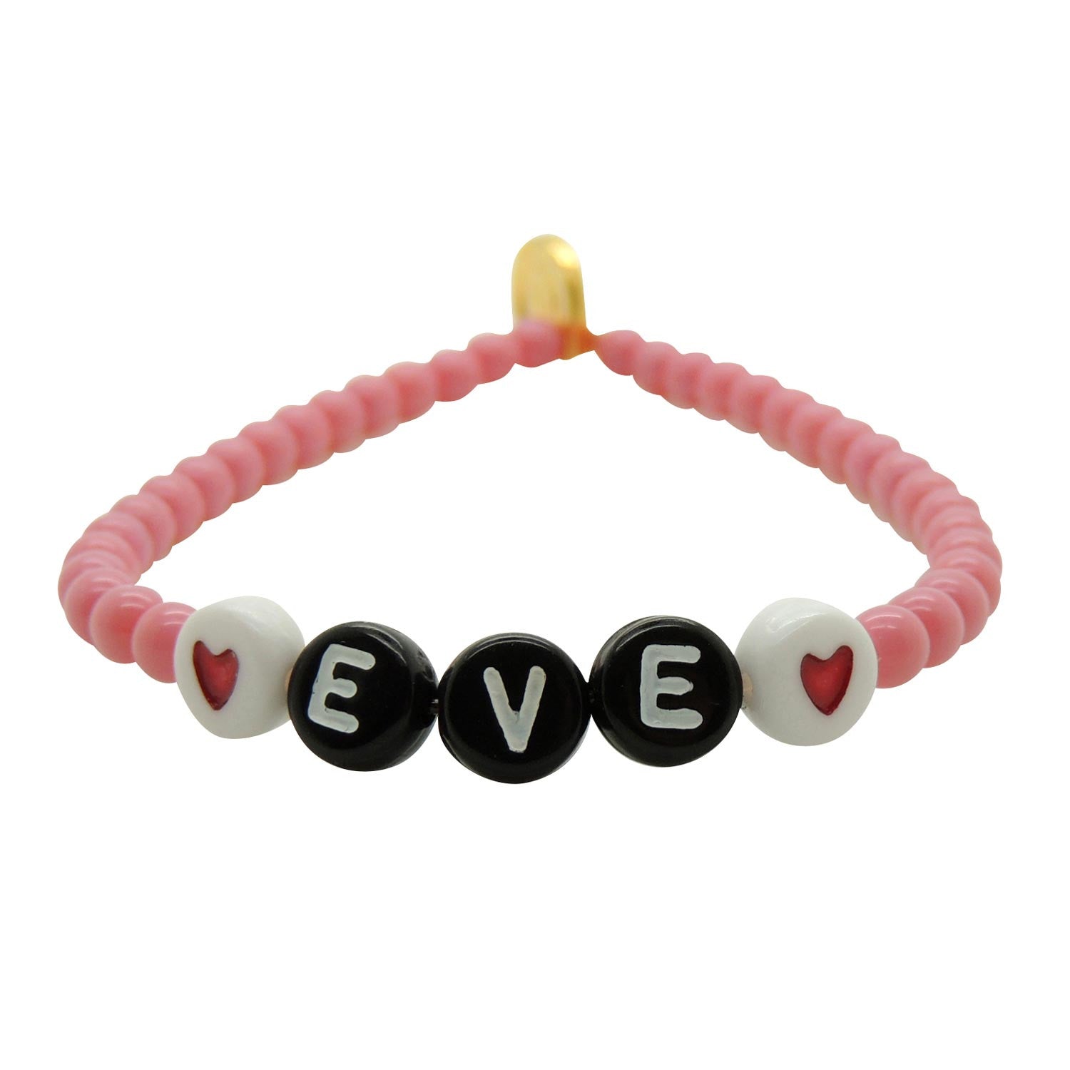 Dana Levy personalised name glass bead bracelet with Eve in black acrylic letters, red heart beads and pink glass beads on a white background. 
