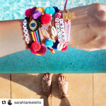 Sarah Tankel Ellis from 'We Are Twinset' wearing Dana Levy's personalised name bracelets and friendship bracelets. 