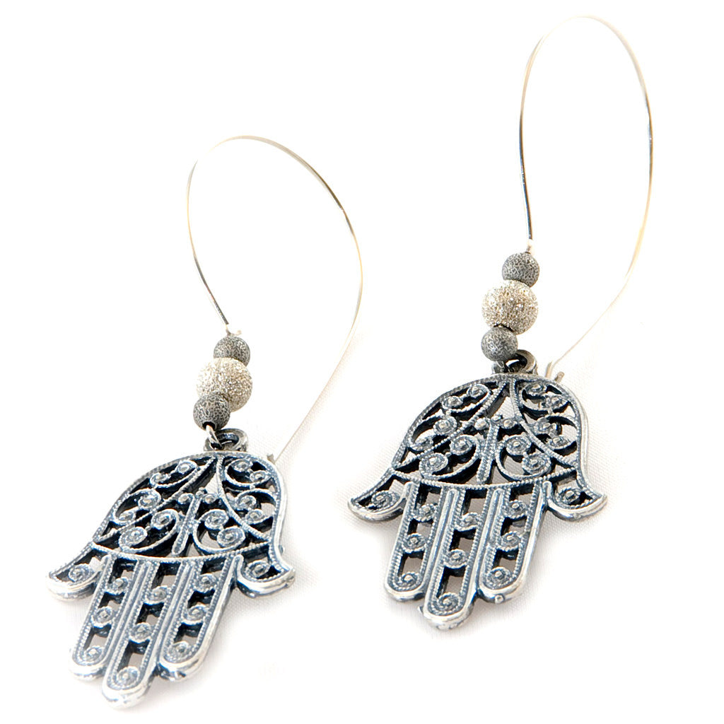 Dana Levy Filigree Hamsa Hand Hoop Earrings - Antique Silver 