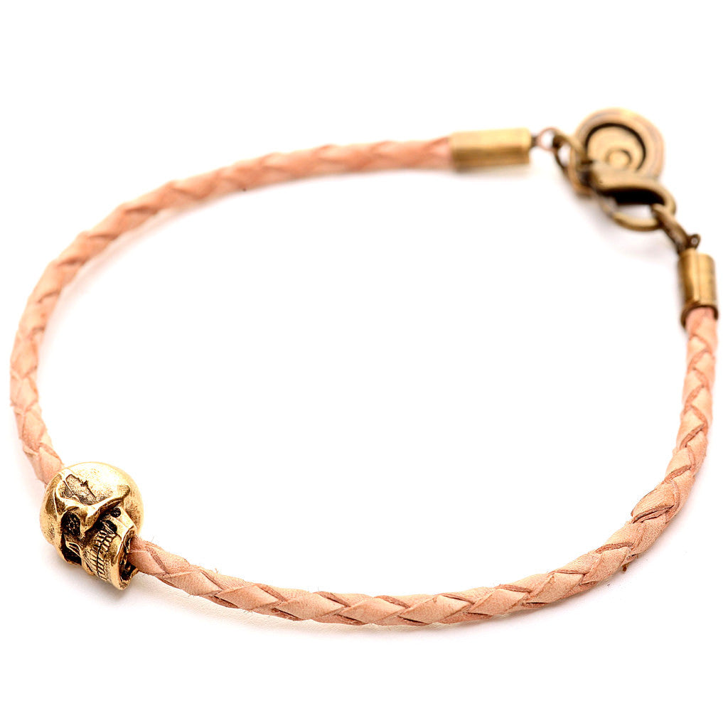 Dana Levy Skull Charm Leather Braid Bracelet - Gold Natural