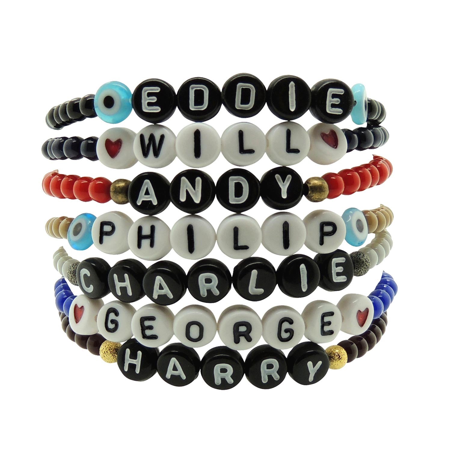 Dana Levy personalised name glass bead bracelets in a stack in a variety of bead colours with a variety of boys names and charm on a white background.
