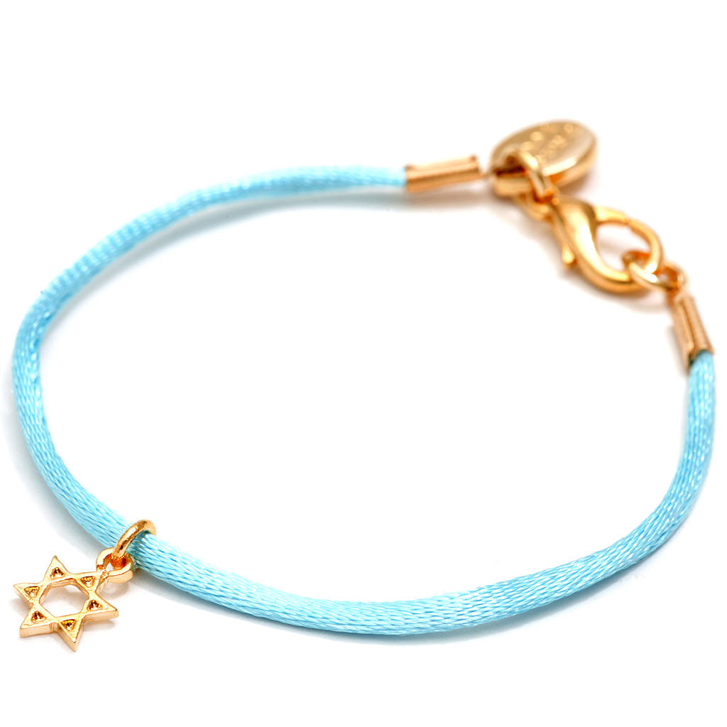 Dana Levy Mini Star of David Charm Satin Cord Bracelet - Gold on Light Blue