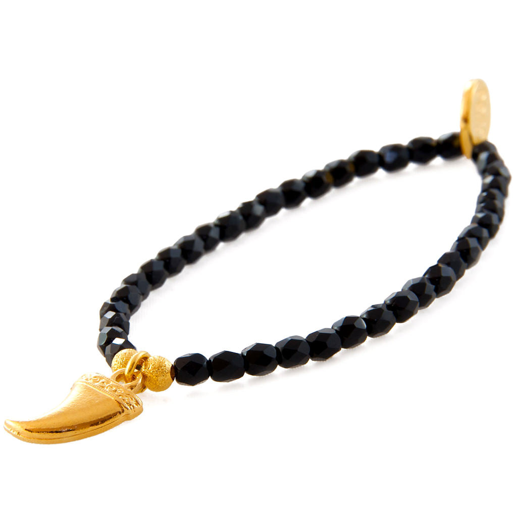 Dana Levy Tooth Amulet Faceted Glass Bead Bracelet- Gold Jet Black