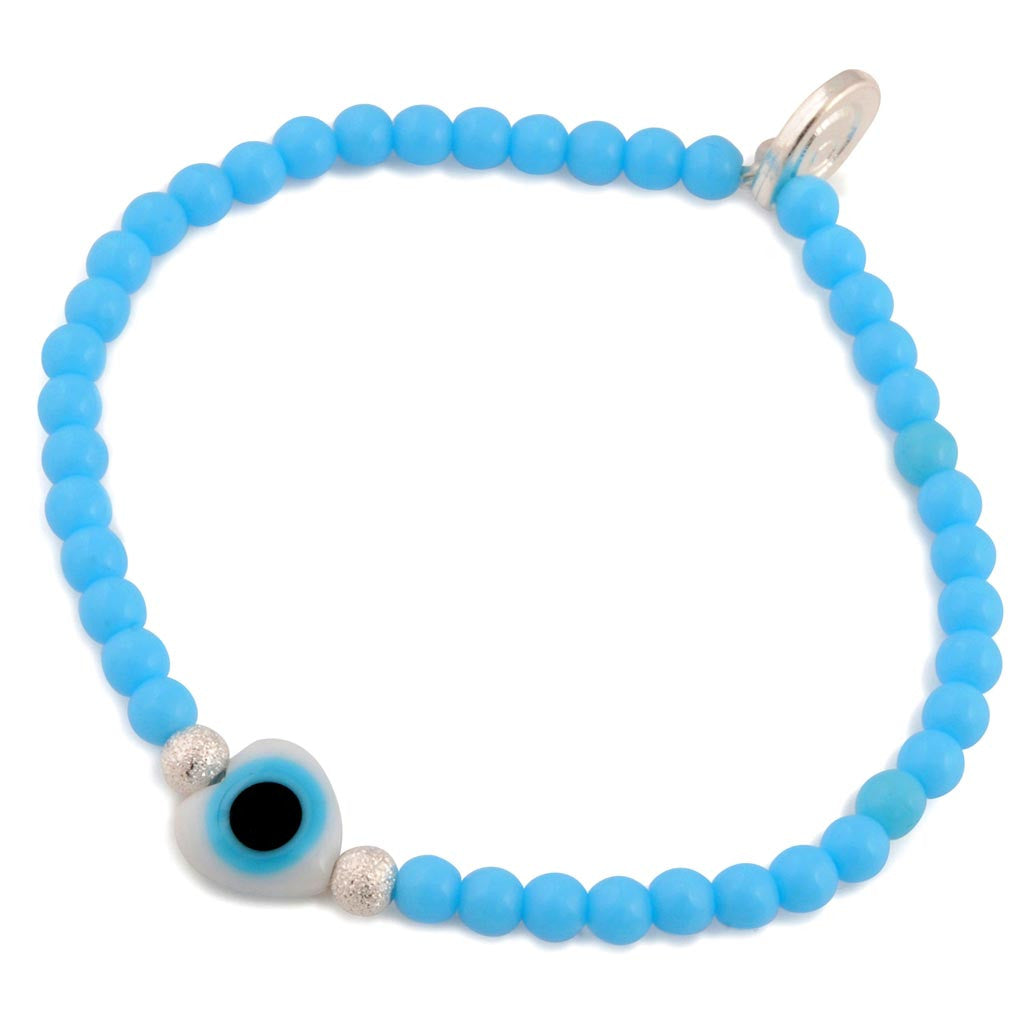 Dana Levy Evil Eye Heart Charm Glass Bead Bracelet - Shiny Silver Turquoise
