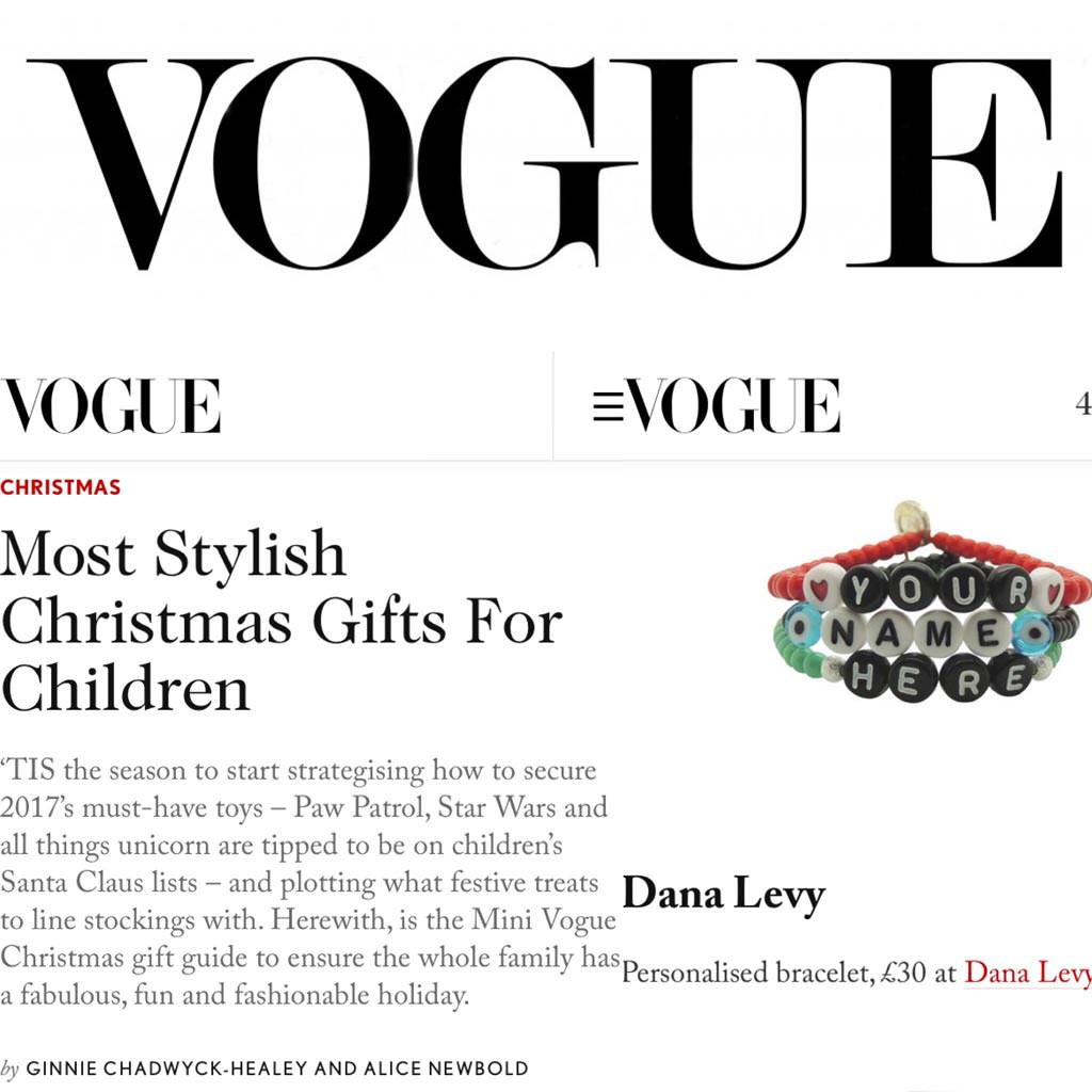 Dana Levy personalised name glass bead bracelets featured in Vogue magazine Christmas gift guide. 
